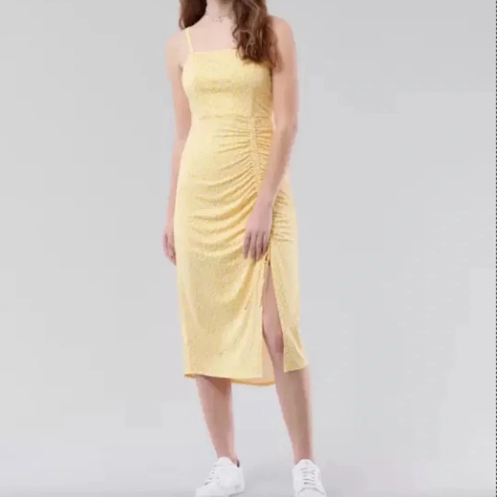 Hollister Yellow Cinched Floral Side Slit Midi Sun Dress Summer Spring Size XS - Picture 1 of 15